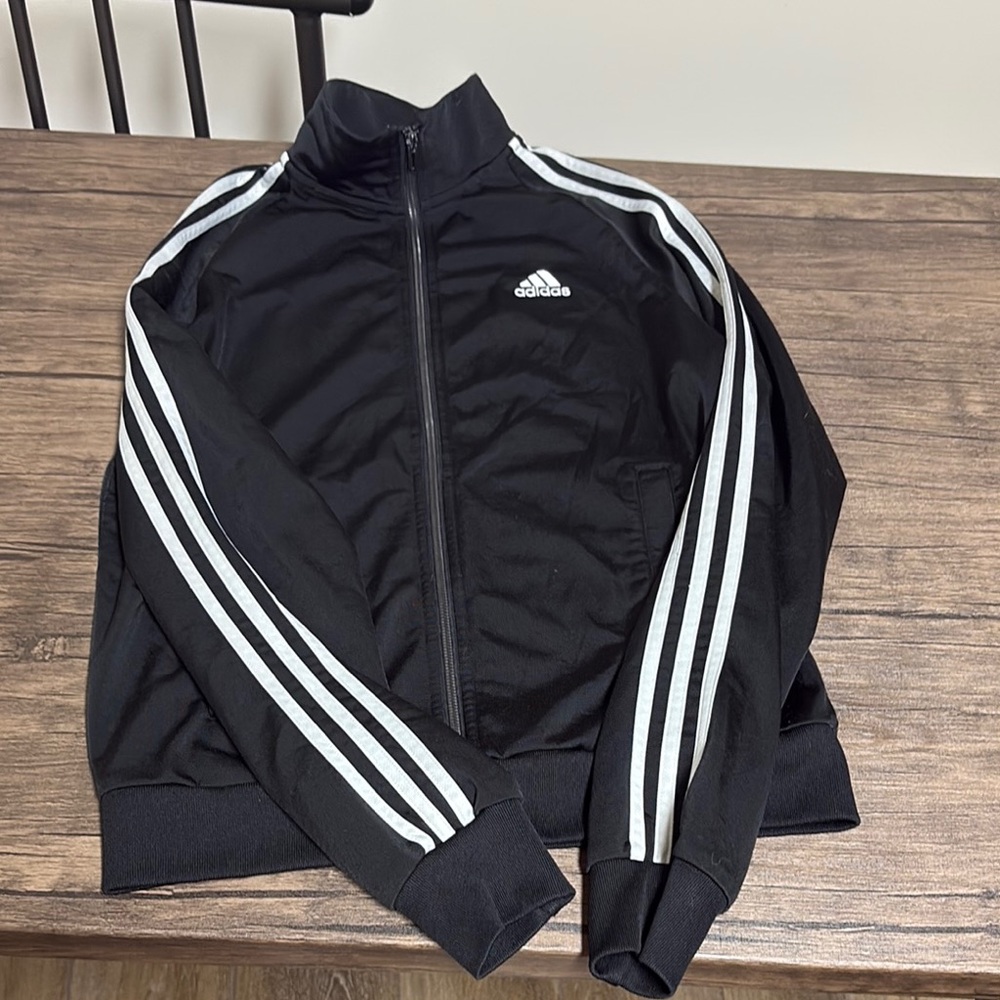 Adidas Men's Black Windbreaker with White Stripes